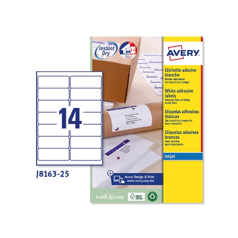 Etichetta adesiva J8163 bianca 25fg A4 99,1x38,1mm (14et/fg) inkjet Avery