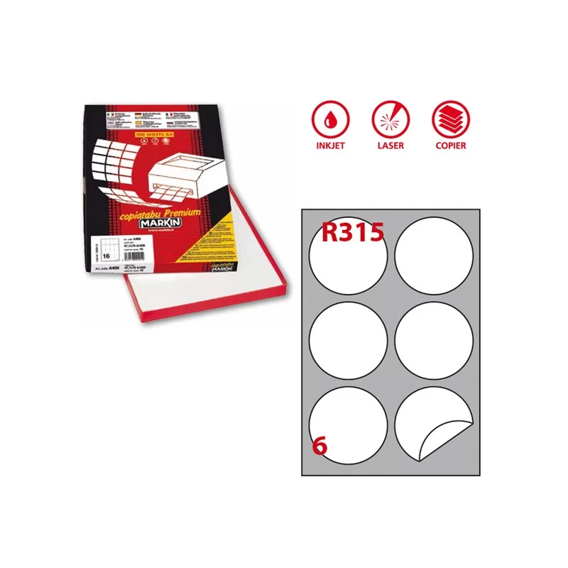 Etichetta adesiva R/315 bianca 100fg A4 tonda Ø85mm (6et/fg) Markin